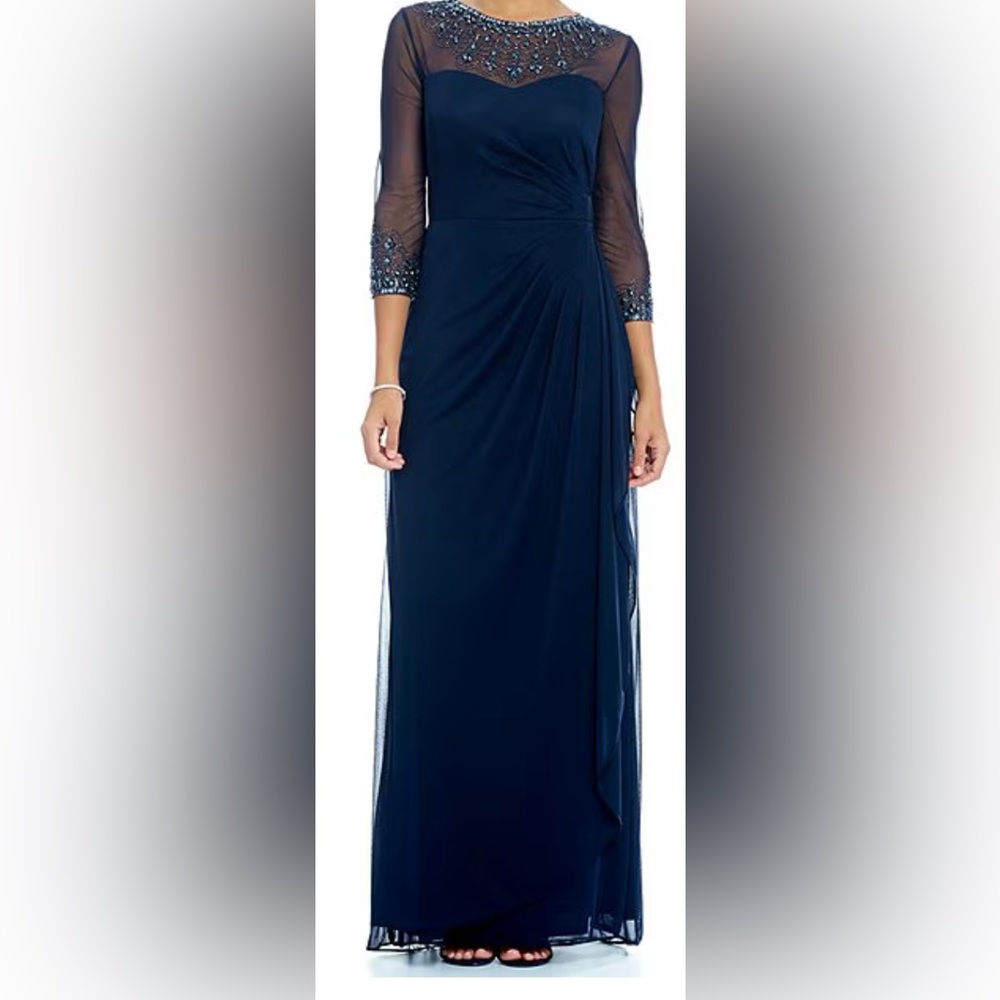 Alex Evenings A Line Illusion Beaded Neck 3/4 Sleeve Ruched Waist Navy Blue 6P